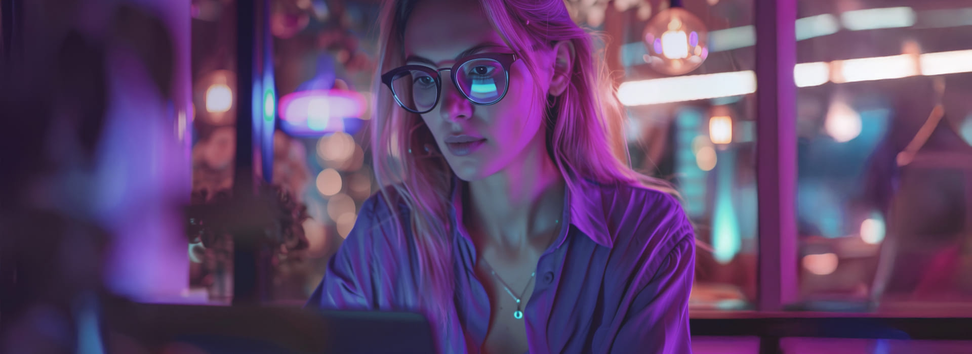 Eine Frau mit Brille und lila Oberteil schaut auf einen Laptop, steht für den Kontaktbereich der TechDivision.