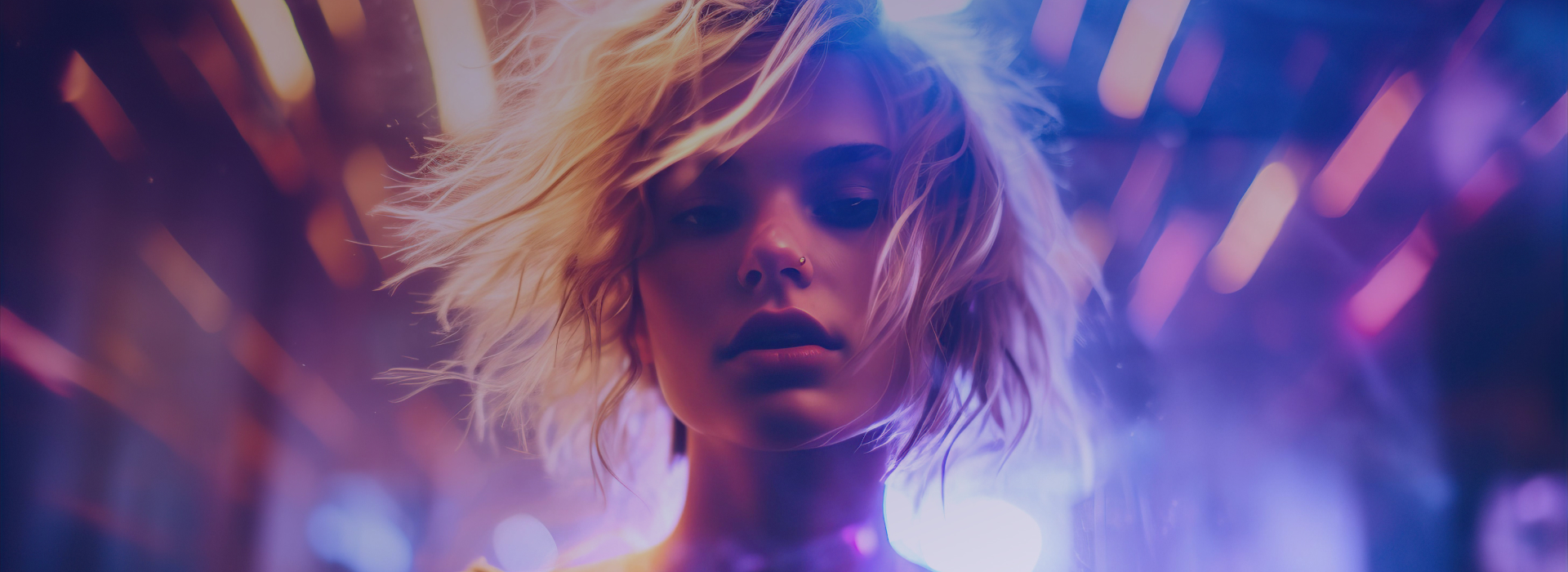 Blonde woman in front of a purple background that brings the scene to life