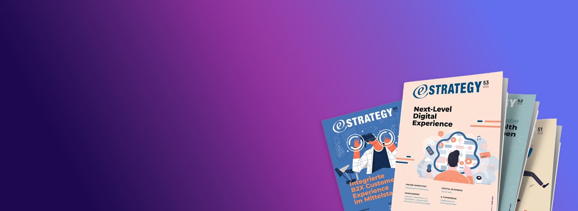  eStrategy Magazine übereinander gestapelt, vor einem lila Hintergrund.
