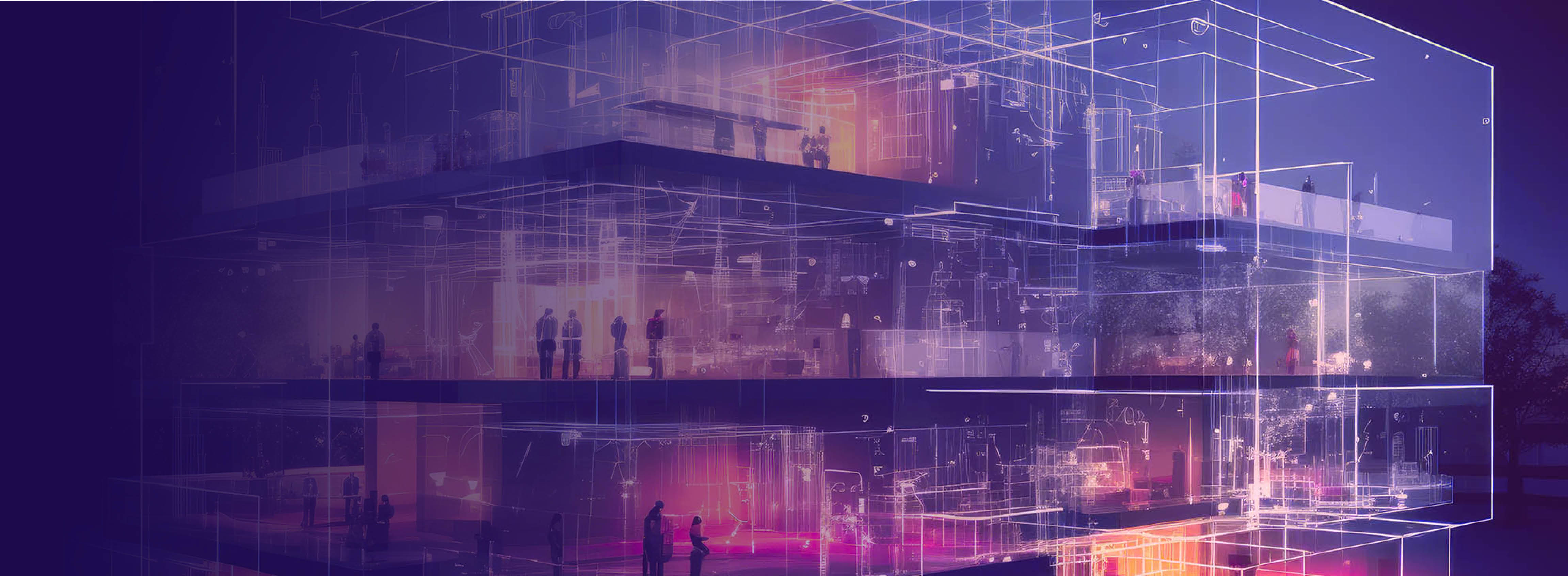 Modernes, futuristisches Bauwerk mit Menschen, das die digitale Transformation verkörpert.